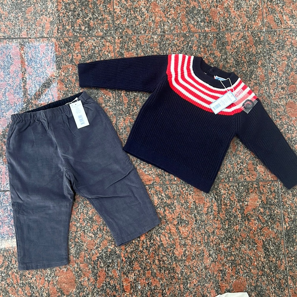 NWT: Jacadi pants and sweater - 12 Mos Newborn baby boy gift. Baby 1 year gift